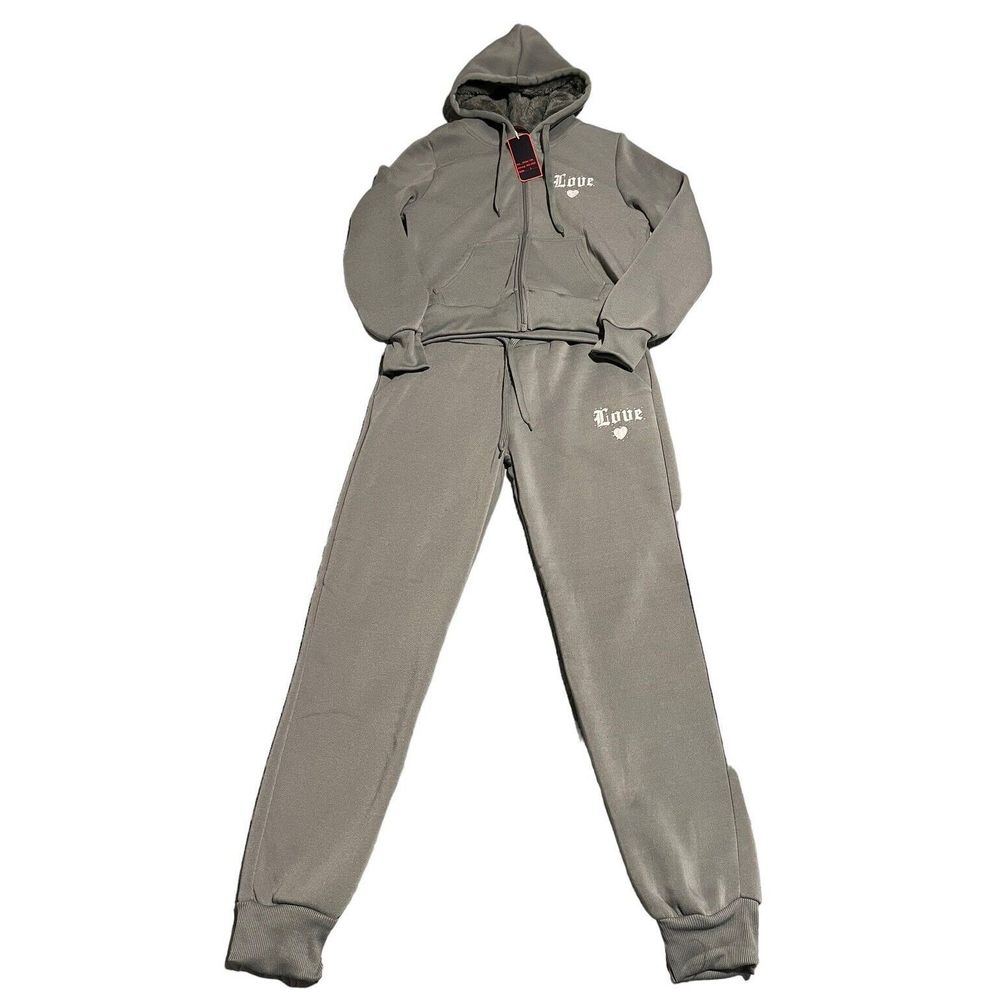 AQ Sweatsuit Womens XL Olive Two Piece Track Suit Full Zip Hooded Love